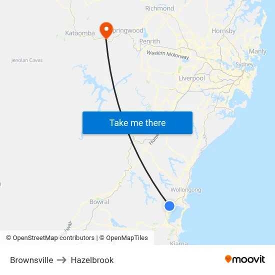 Brownsville to Hazelbrook map