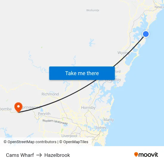 Cams Wharf to Hazelbrook map