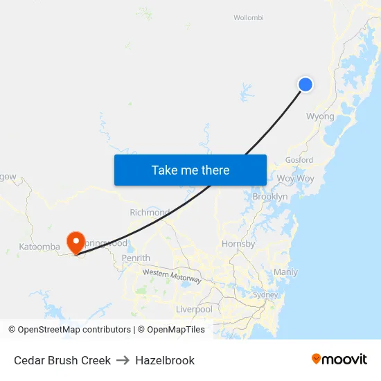 Cedar Brush Creek to Hazelbrook map
