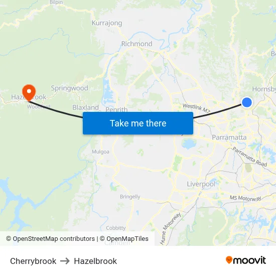 Cherrybrook to Hazelbrook map