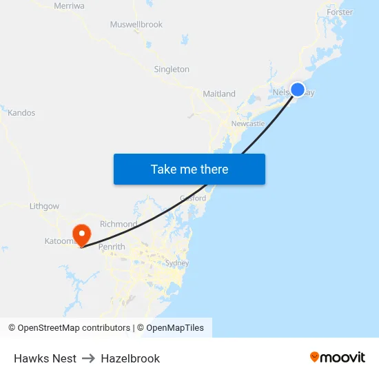 Hawks Nest to Hazelbrook map