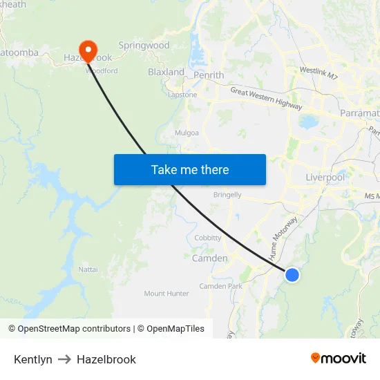 Kentlyn to Hazelbrook map