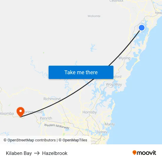 Kilaben Bay to Hazelbrook map