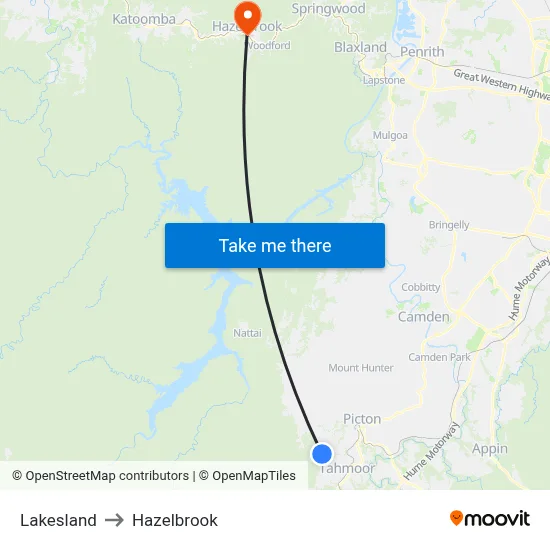 Lakesland to Hazelbrook map