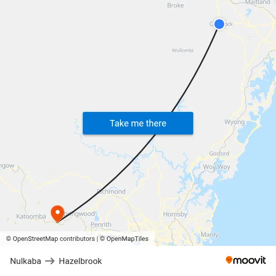 Nulkaba to Hazelbrook map