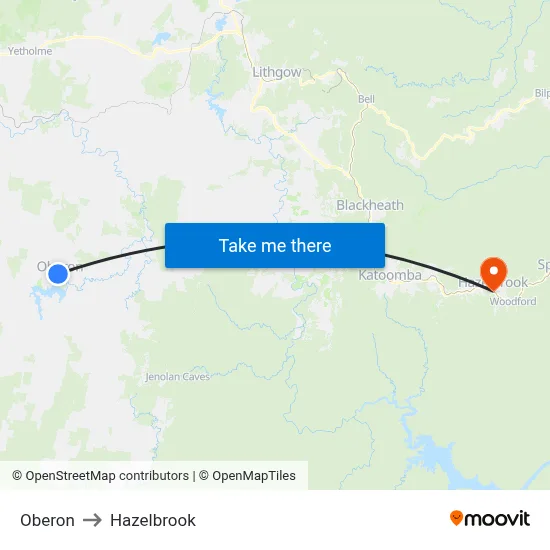 Oberon to Hazelbrook map