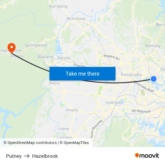 Putney to Hazelbrook map
