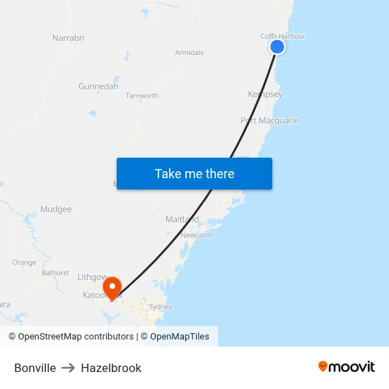 Bonville to Hazelbrook map
