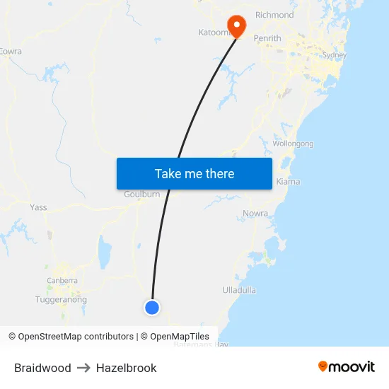 Braidwood to Hazelbrook map