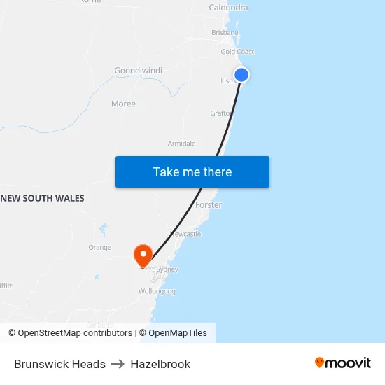 Brunswick Heads to Hazelbrook map