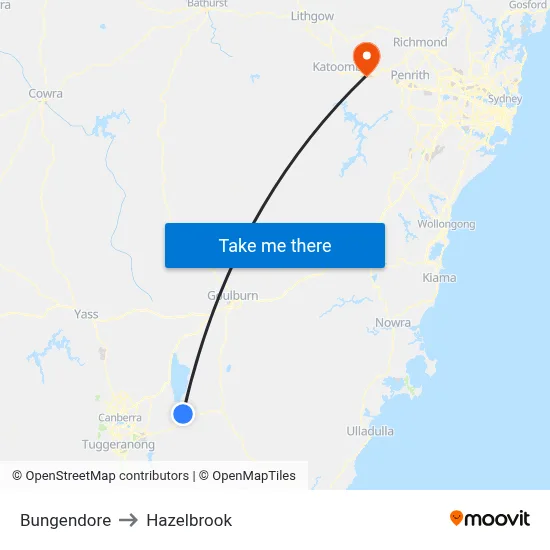Bungendore to Hazelbrook map