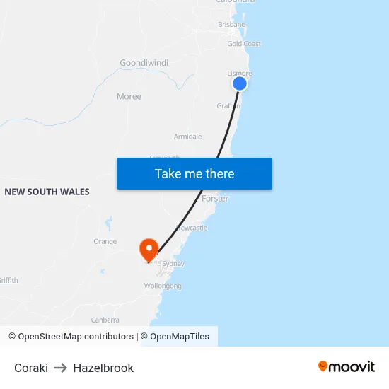 Coraki to Hazelbrook map