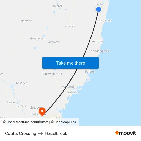 Coutts Crossing to Hazelbrook map