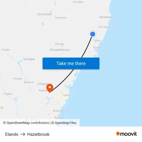 Elands to Hazelbrook map