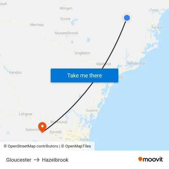 Gloucester to Hazelbrook map