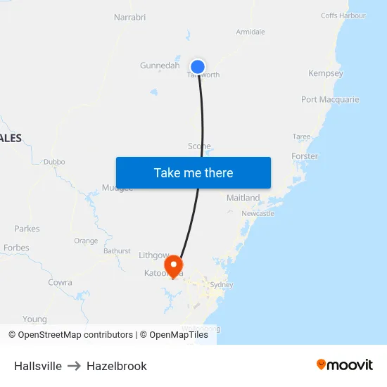 Hallsville to Hazelbrook map