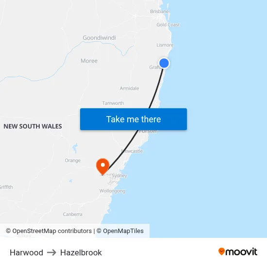 Harwood to Hazelbrook map