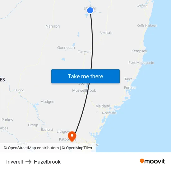 Inverell to Hazelbrook map
