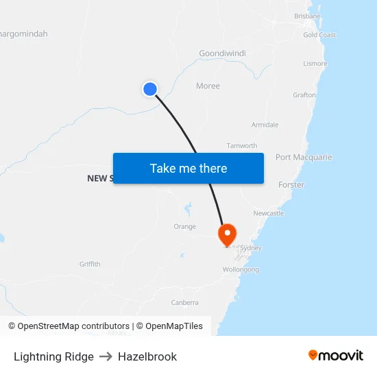 Lightning Ridge to Hazelbrook map