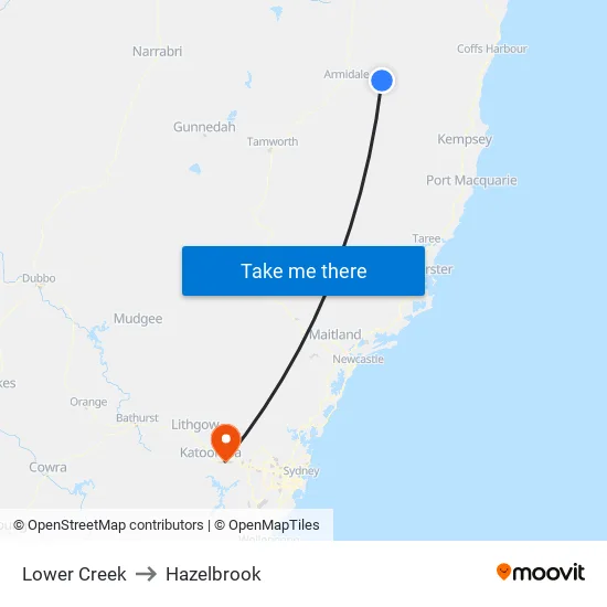 Lower Creek to Hazelbrook map
