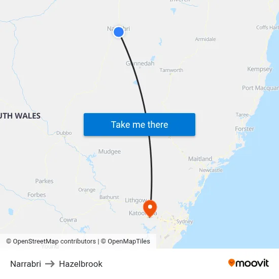 Narrabri to Hazelbrook map