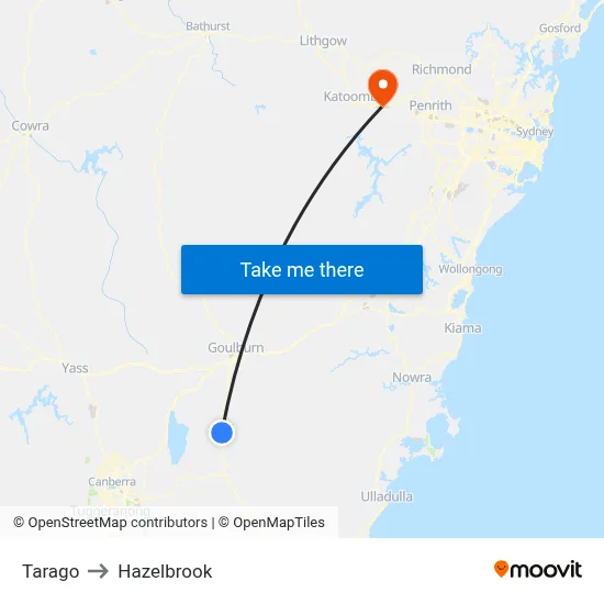 Tarago to Hazelbrook map
