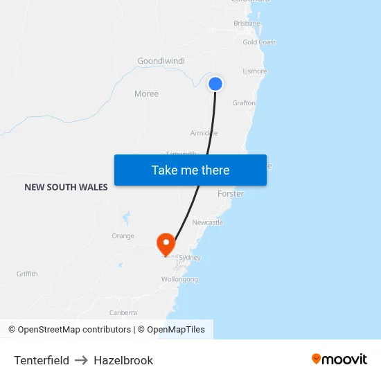 Tenterfield to Hazelbrook map