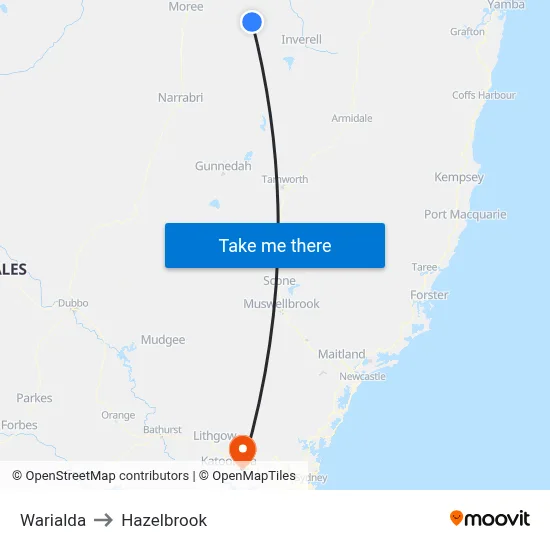 Warialda to Hazelbrook map