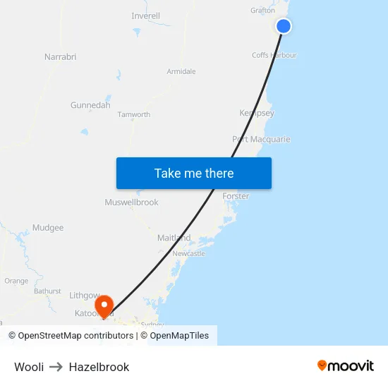 Wooli to Hazelbrook map