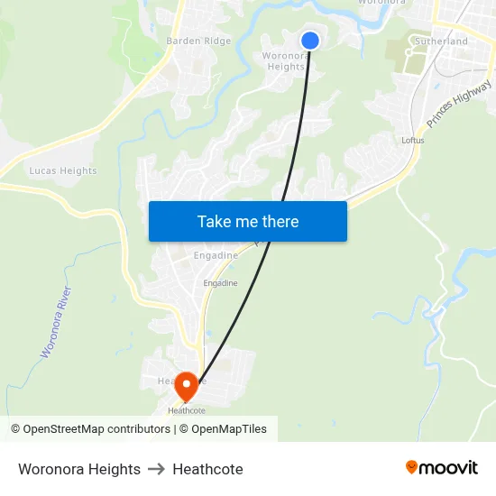 Woronora Heights to Heathcote map