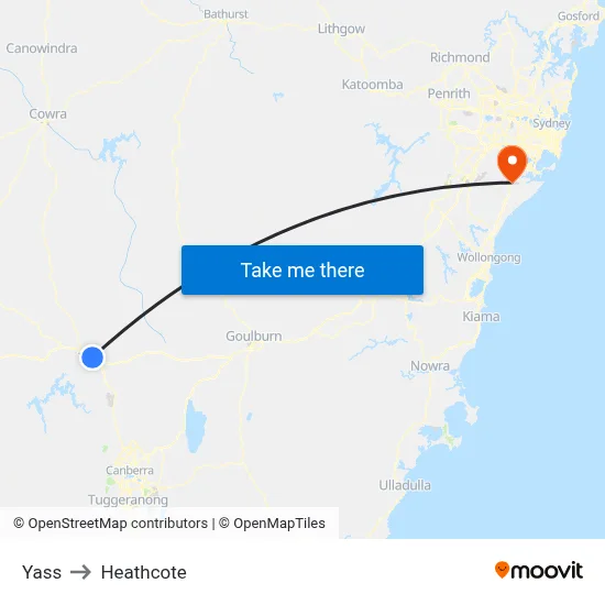 Yass to Heathcote map