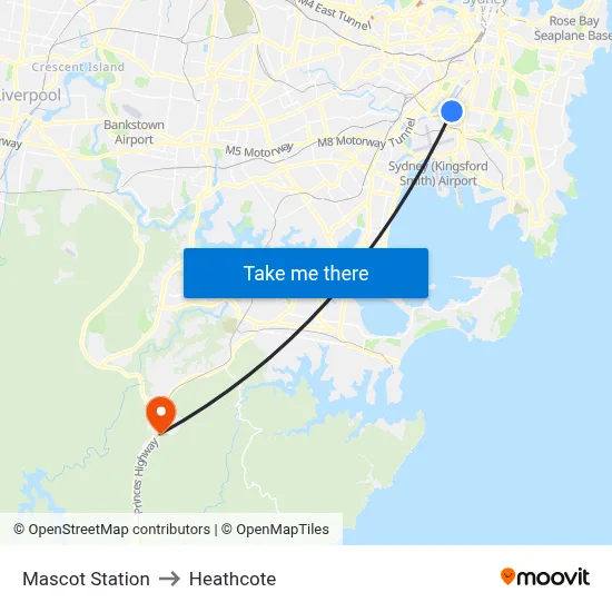 Mascot Station to Heathcote map