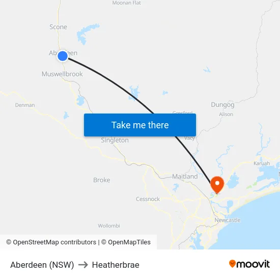 Aberdeen (NSW) to Heatherbrae map