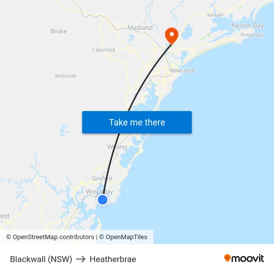 Blackwall (NSW) to Heatherbrae map