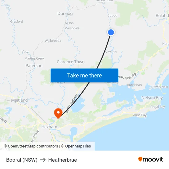 Booral (NSW) to Heatherbrae map