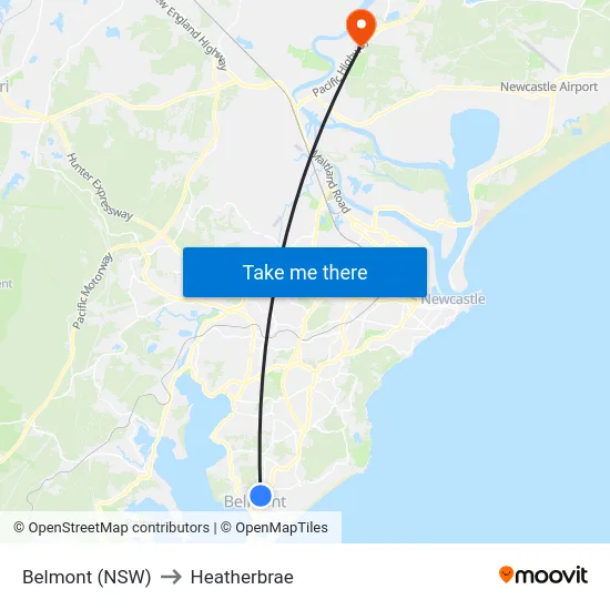 Belmont (NSW) to Heatherbrae map