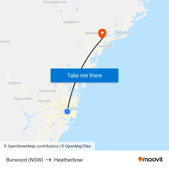 Burwood (NSW) to Heatherbrae map