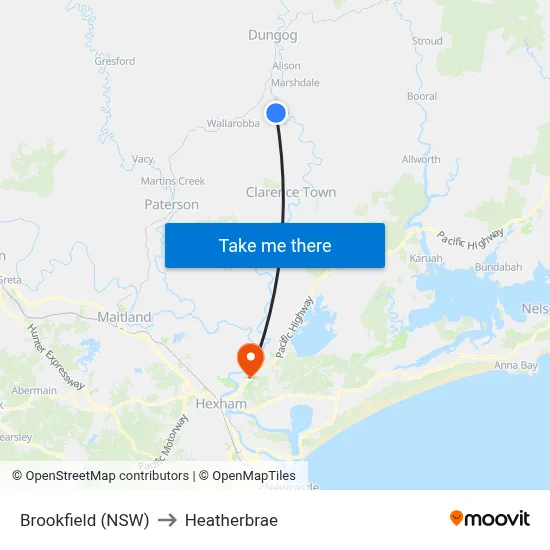 Brookfield (NSW) to Heatherbrae map