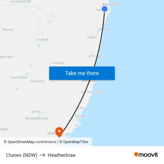 Clunes (NSW) to Heatherbrae map