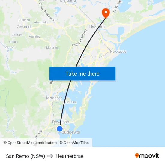 San Remo (NSW) to Heatherbrae map