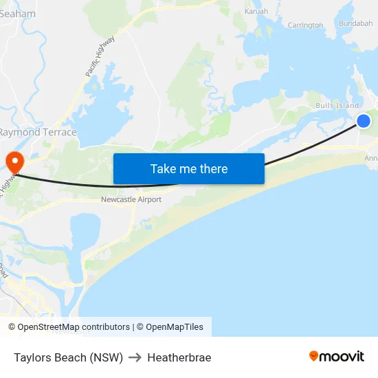 Taylors Beach (NSW) to Heatherbrae map