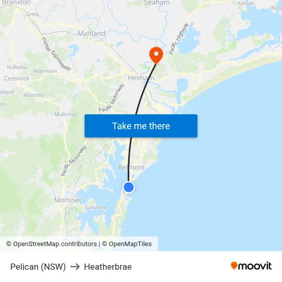 Pelican (NSW) to Heatherbrae map