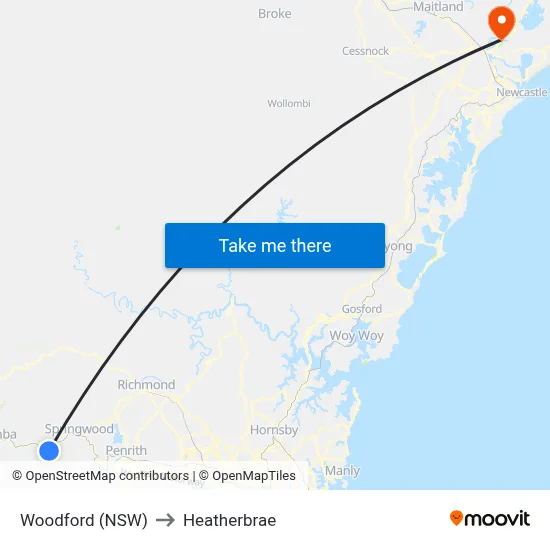 Woodford (NSW) to Heatherbrae map
