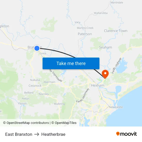 East Branxton to Heatherbrae map