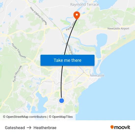Gateshead to Heatherbrae map