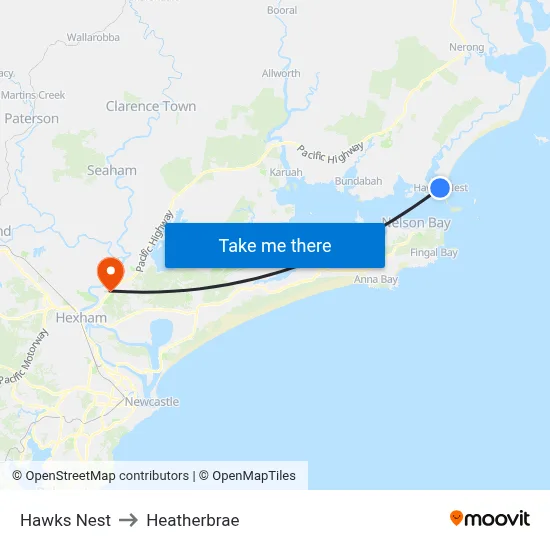 Hawks Nest to Heatherbrae map
