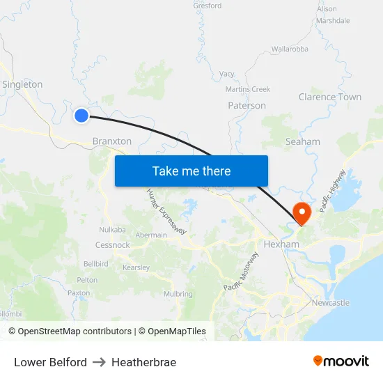 Lower Belford to Heatherbrae map