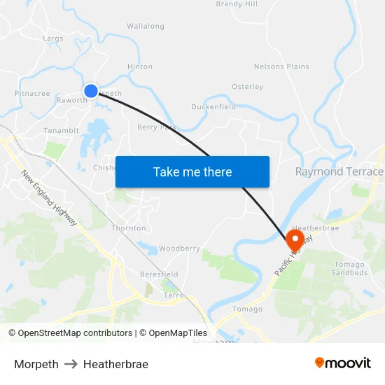 Morpeth to Heatherbrae map