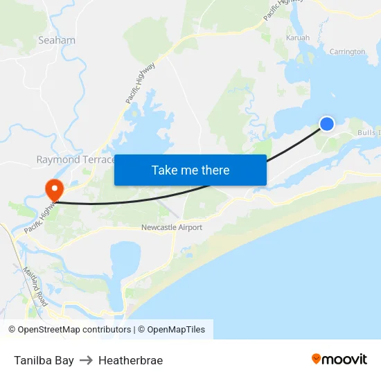Tanilba Bay to Heatherbrae map