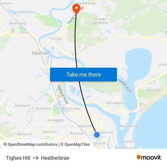 Tighes Hill to Heatherbrae map